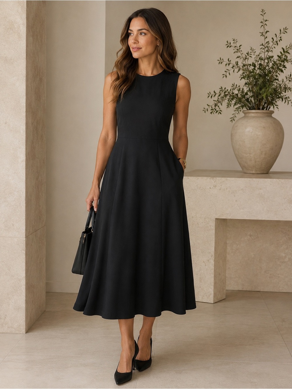 M.M. Lafluer A Line Midi Dress Black Career Classic Preppy Timeless Womens 0